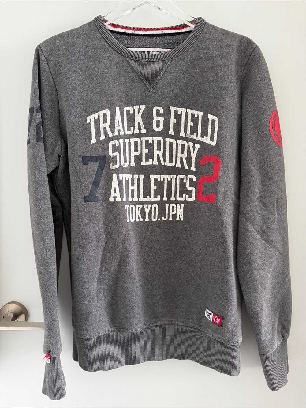 Superdry Gray Track & Field Athletics Crewneck Sweatshirt with Red Accent